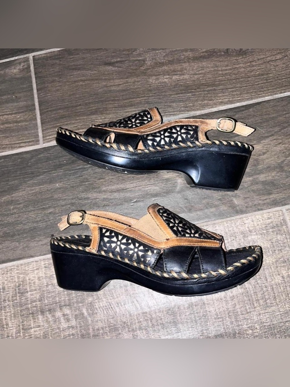 Women’s Black and Tan Slingback Clog Heels